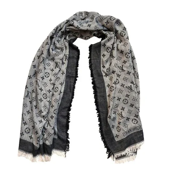 LOUIS VUITTON LV Vintage Light & Charcoal Gray Black Monogram Scarf Shawl Wrap - Picture 4 of 11